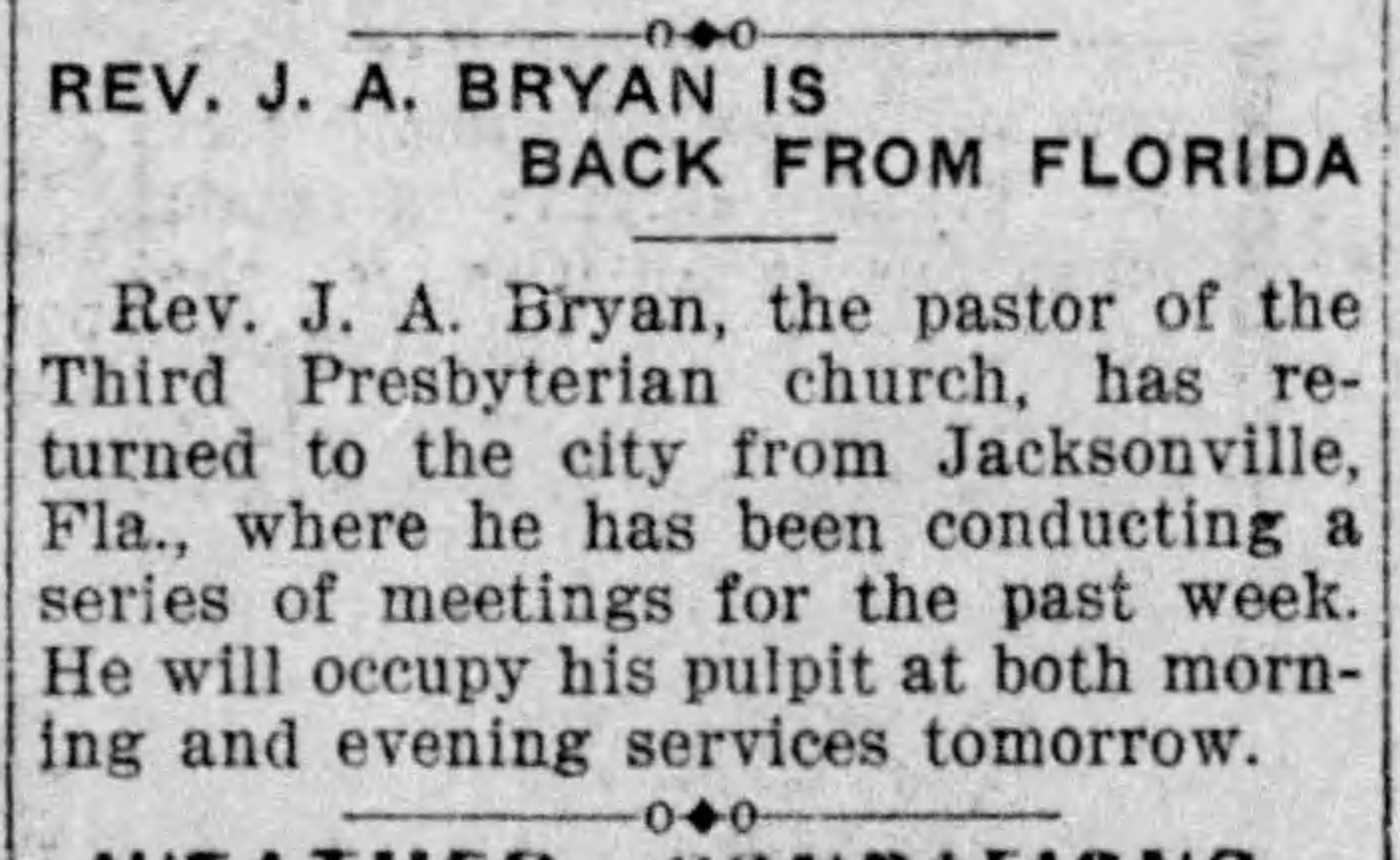 Rev. J.A. Bryan Is Back from Florida